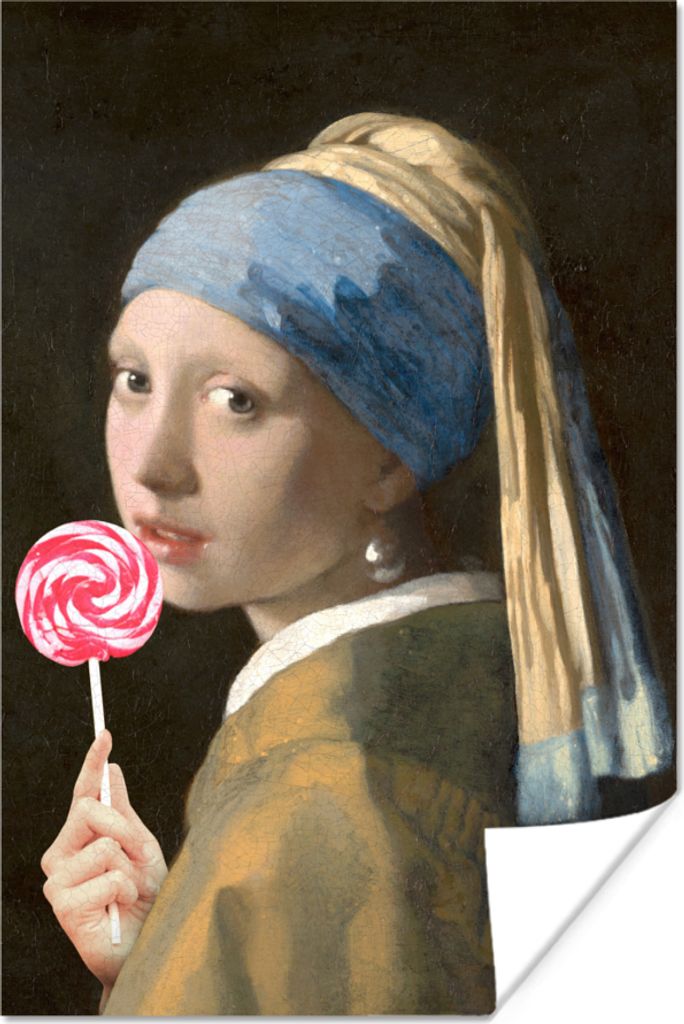 MuchoWow Poster Mädchen mit Perlenohrring - Johannes Vermeer - Lollipop - Rosa 40x60 cm - Plakate für die Wand - Poster Babyzimmer
