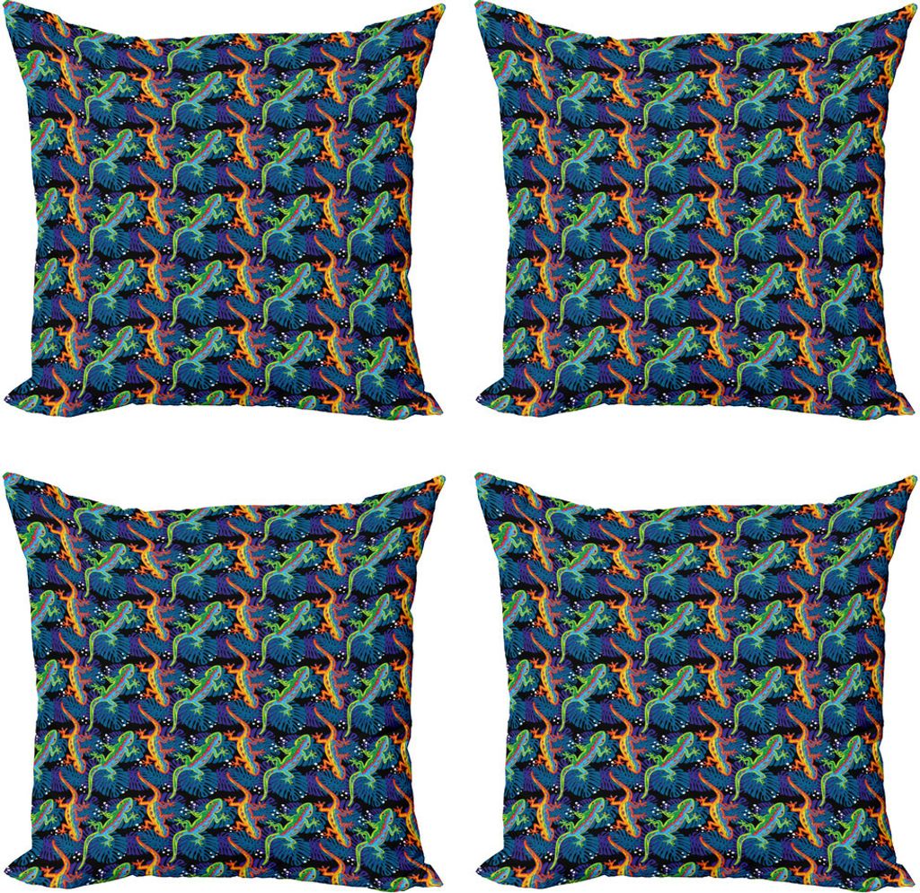 ABAKUHAUS Gecko Kissenbezug Set (4 Stück), Exotische Flora und Fauna, Moderner Doppelseitiger Digitaldruck, 45 cm x 45 cm, Mehrfarbig