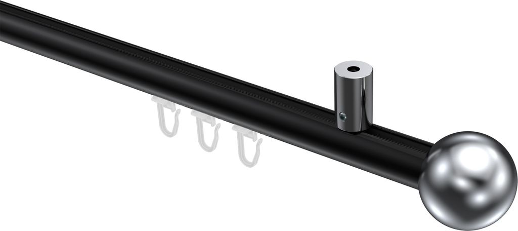 Interdeco Innenlaufstange / Gardinenstange mit Innenlauf Schwarz / Chrom, Typ Sonius Luino (Kugel) Deckenmontage, 20 mm Ø 1-läufig, 120 cm