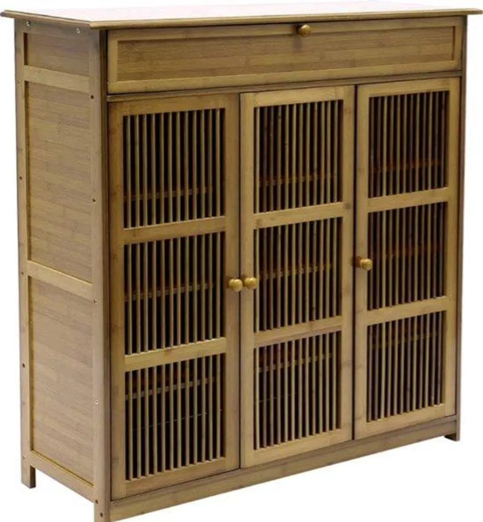 Meuble à chaussures en bambou marron avec 3 portes et 4 niveaux de rangement