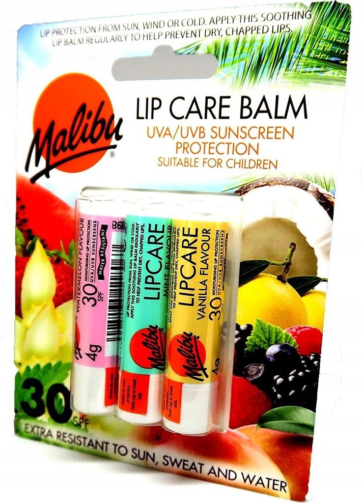 Malibu Sun SPF 30 Lip Balm Sunscreen Watermelon Mint and Vanilla 3x5g 12g