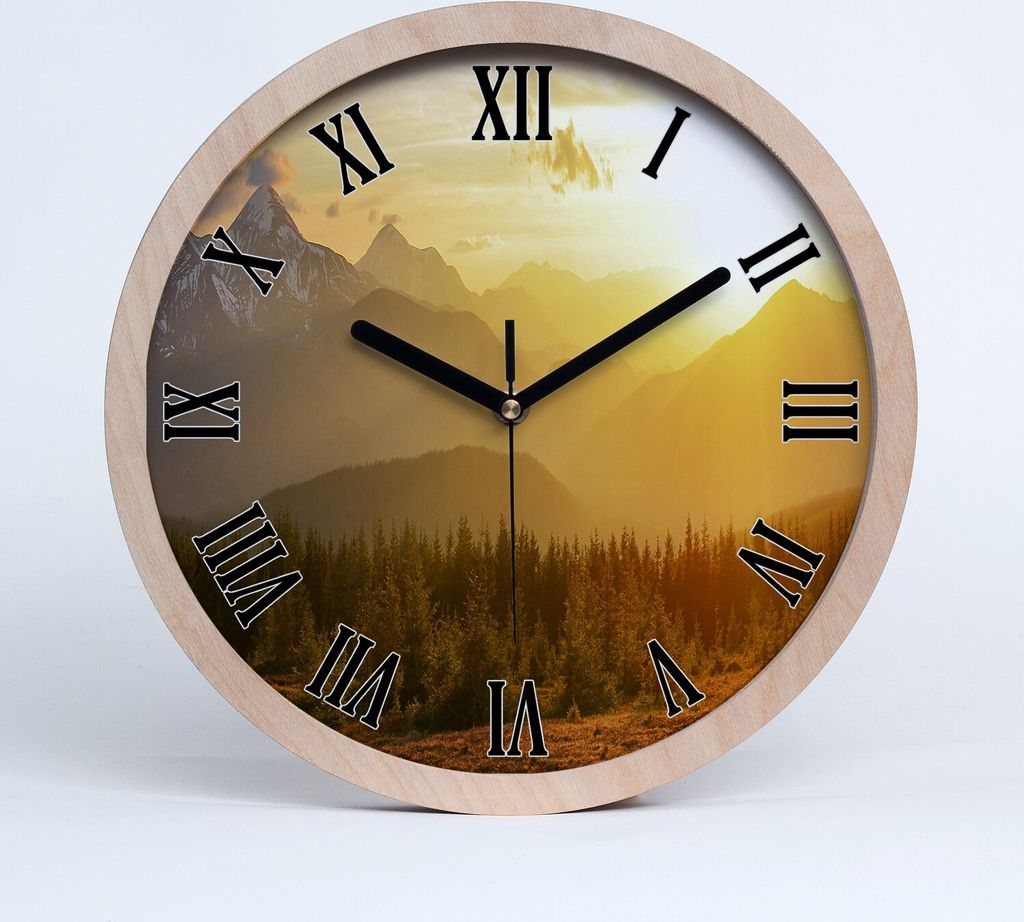 Holzuhr 25fi cm wanduhr - schwarze Spitzen - Sonnenuntergang Berge