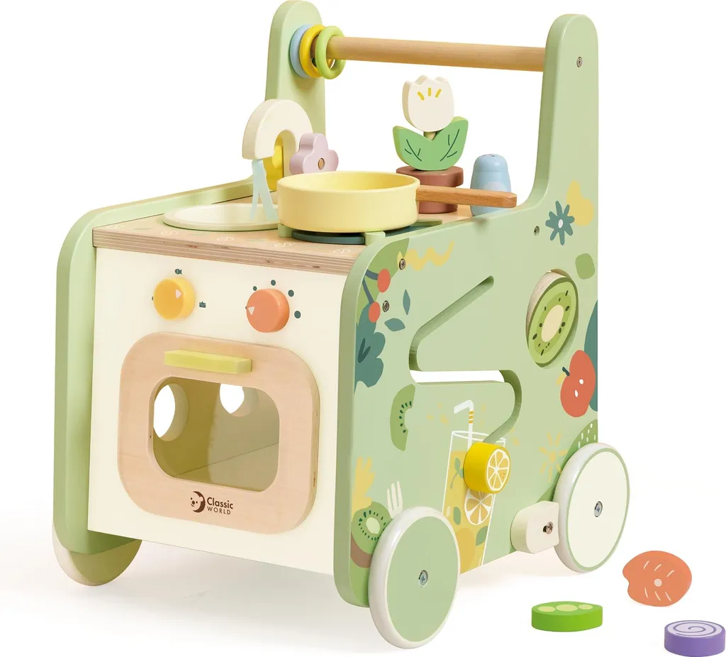 Trotteur en bois pour enfant avec cuisine d'éveil et accessoires inclus