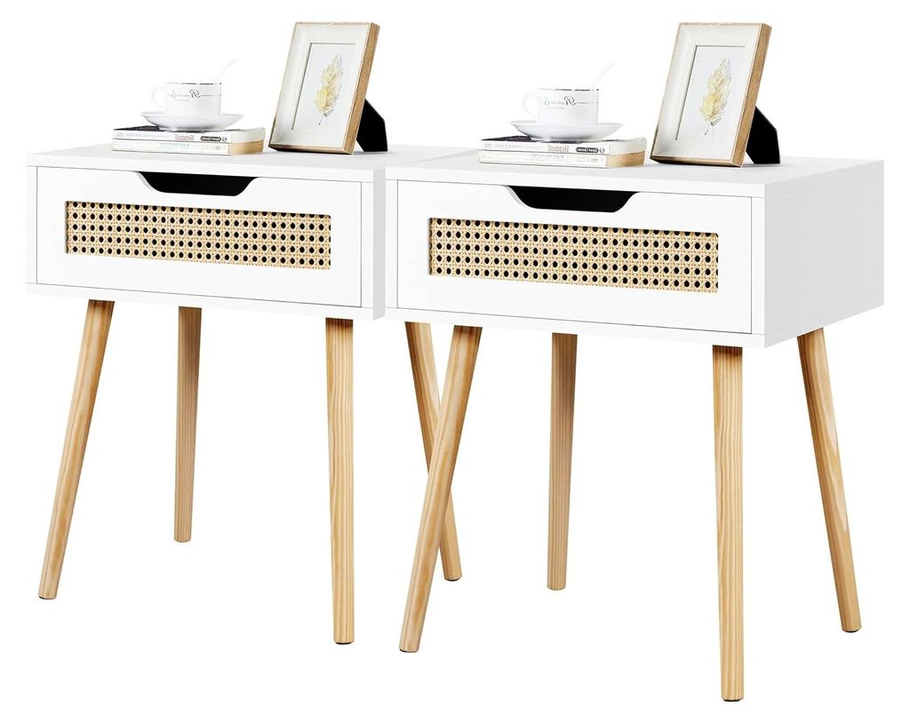 Nachttisch 2er Set Beistelltisch Rattan Nachtkommode mit Schublade, Holzbeine, 48,5 cm L × 41 cm B × 57,5 cm H, Weiß