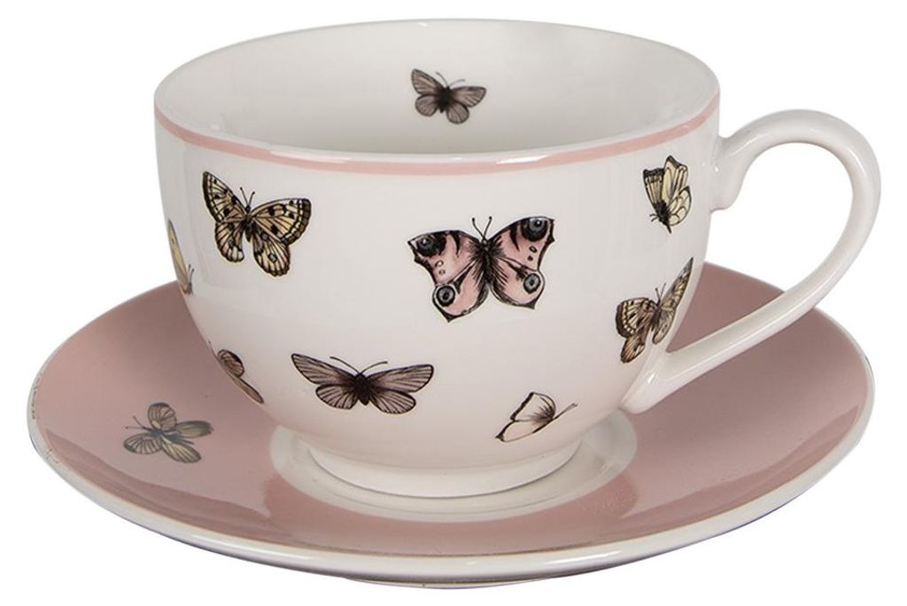 Clayre & Eef Tasse mit Untertasse 200 ml Weiß Rosa Produktbild 
