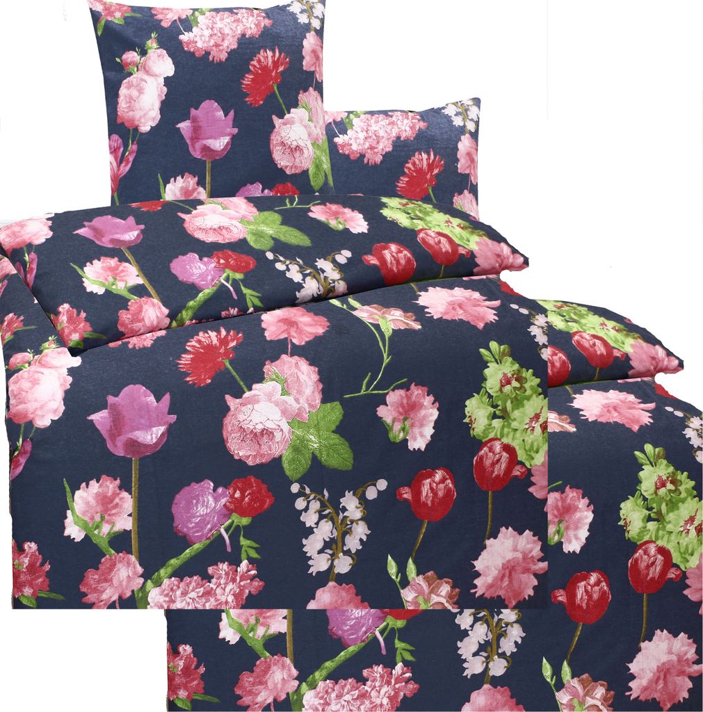 4-tlg. Biber Winter Bettwäsche 2x (135x200 + 80x80 cm), 100% Baumwolle, dunkelgrau, Blütenmuster