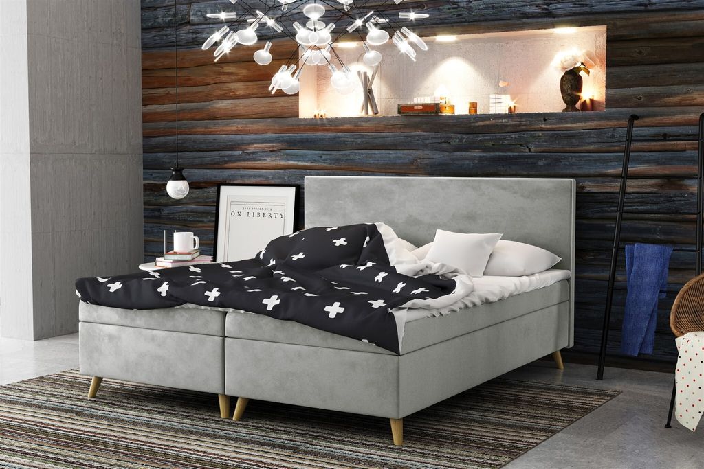 Boxspringbett Schlafzimmerbett Sileno 160x200cm in Stoff Riviera Grau