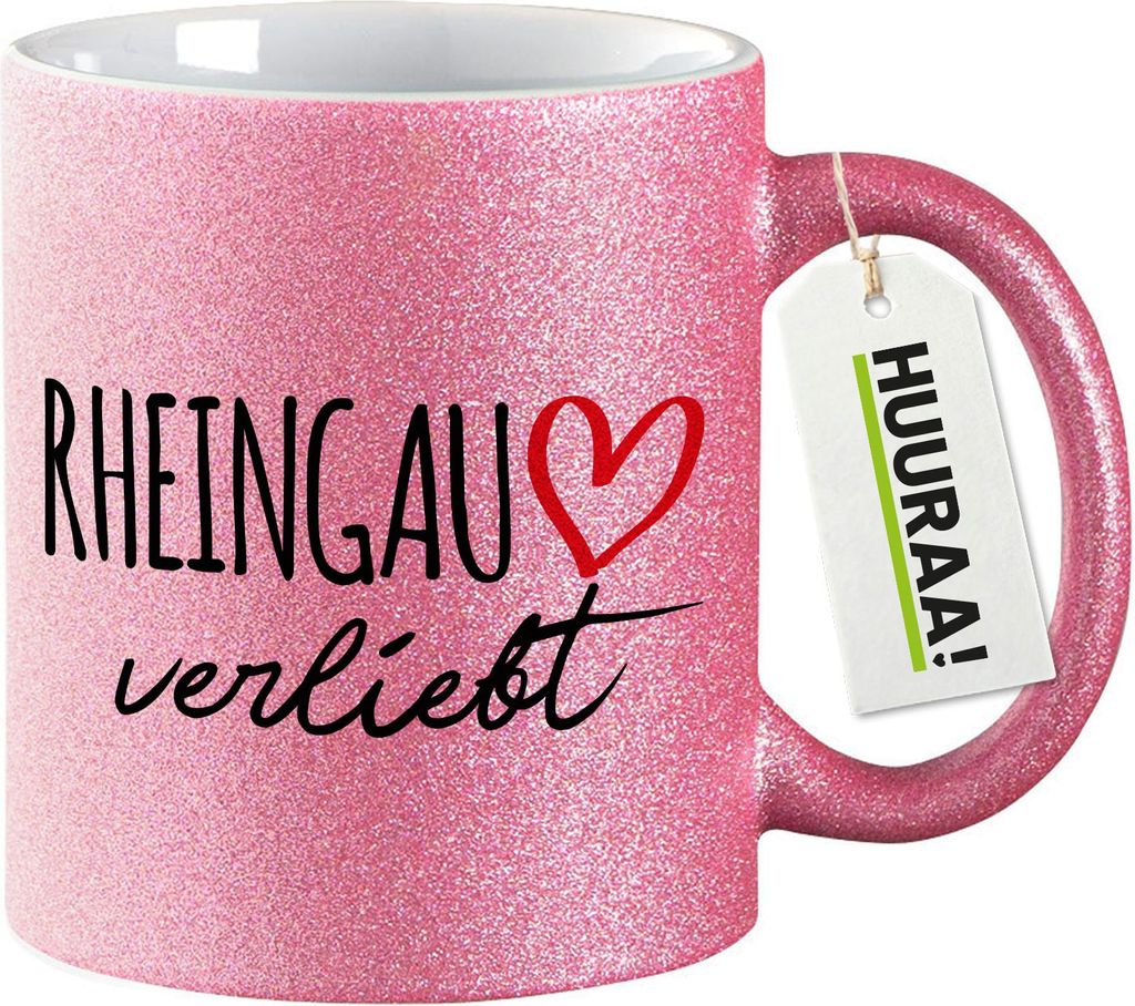 Huuraa Glitzertasse Rheingau verliebt 330ml Pink Keramik Kaffeebecher Geschenkidee
