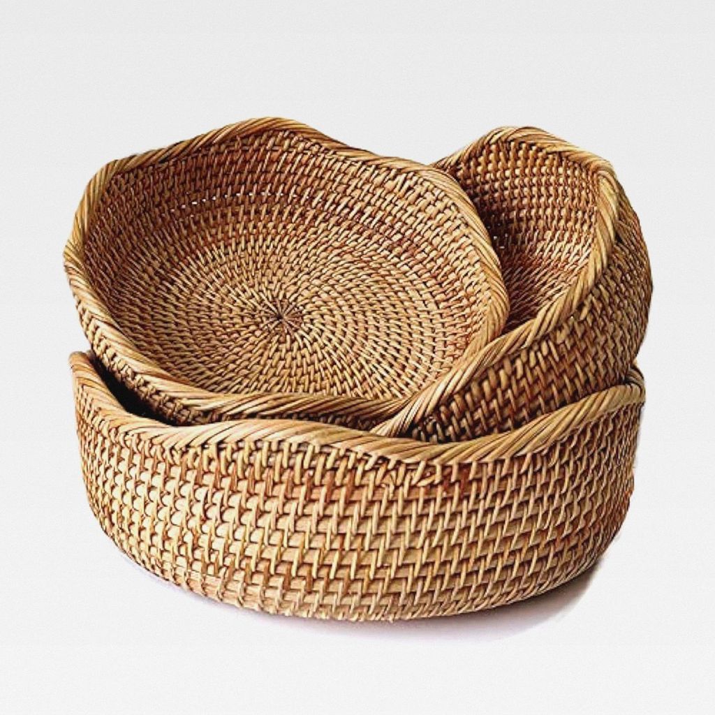 Rattan Aufbewahrungskörbe rund, handgeflochtene Körbchen aus natürlichem Rattan, Obstkorb und Dekokorb für Küche & Wohnzimmer, 3er Set