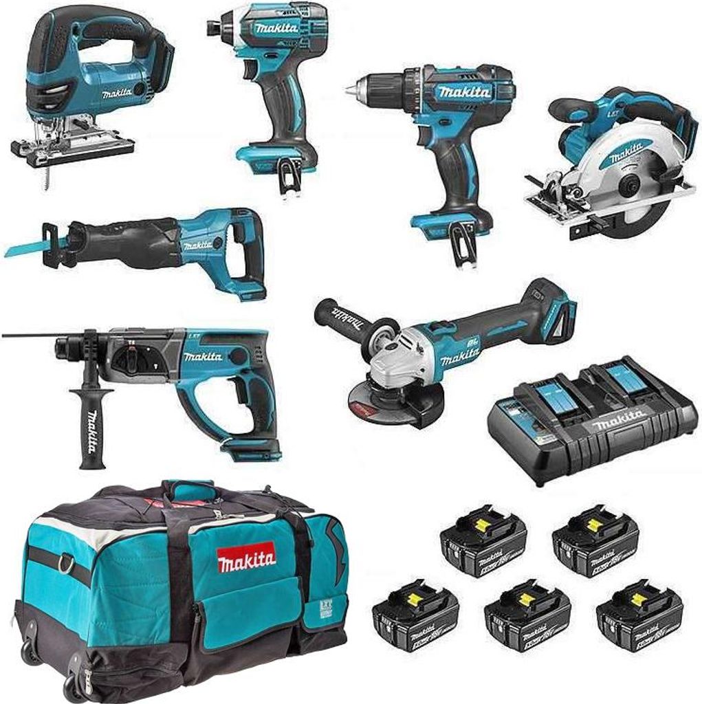 A collection of Makita power tools and accessories.