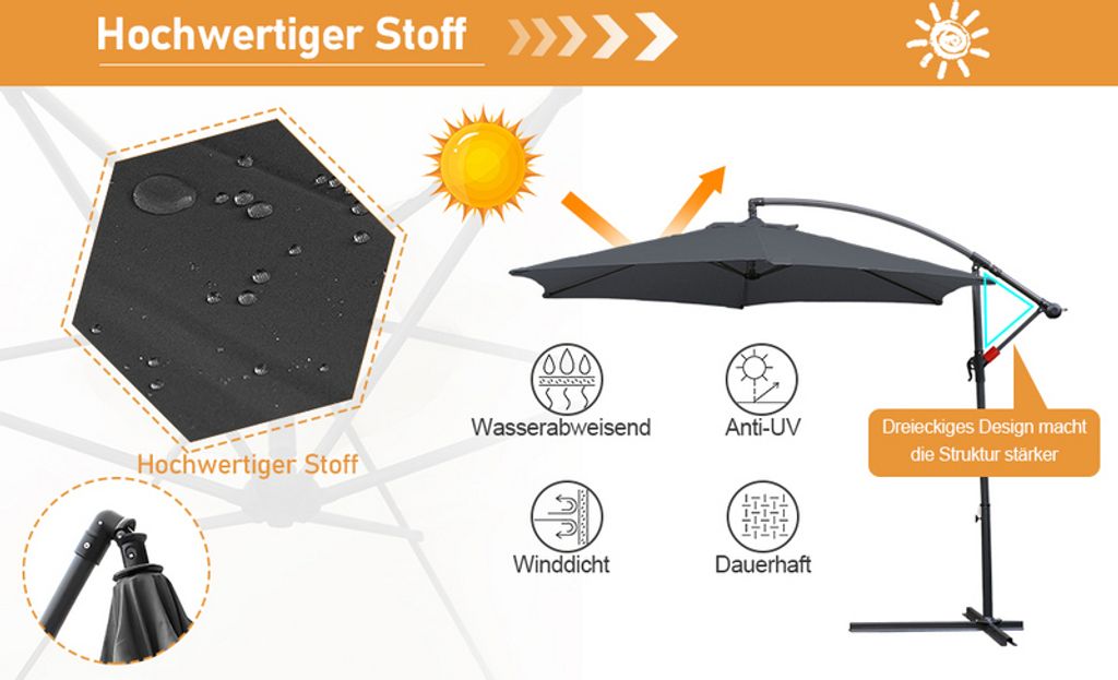Wolketon 3m-3.5m Sonnenschirm Neigbar Ampelschirm Produktbild 4
