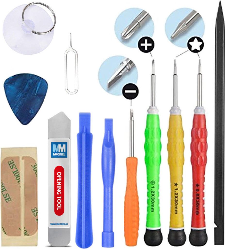 A collection of electronic repair tools laid out on a white background.