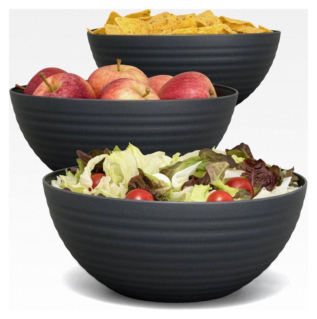Großes Salatschüssel-Set 3er - Schüsseln für Snacks, Chips und Salat - Servierschüsseln aus BPA-freiem Kunststoff - Schwarz-Anthrazit 3,3L