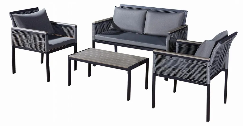 Salon de jardin 4 places CORTO avec table basse et fauteuils Noir Gris