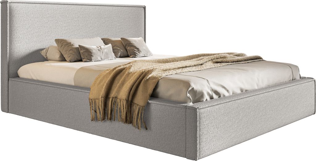 Doppelbett mit Bettkasten 140x200 Kyoto - Lattenrost, Kopfteil, Bouclé stoff, Hellgrau