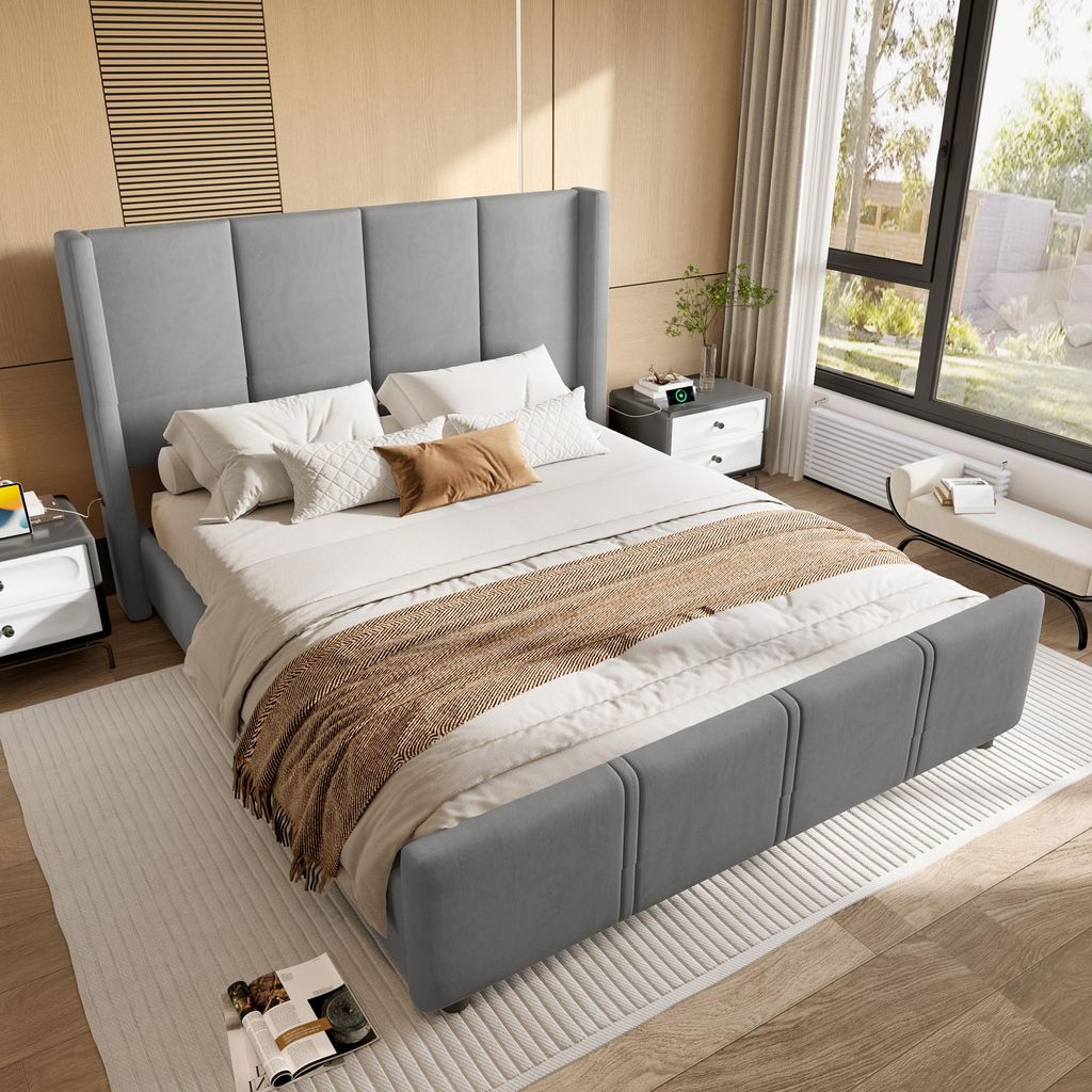 Gepolstertes Bettgestell 160x200cm (grau): elegant/modern, hohes Kopf- und Fußteil, USB-, Rahmen aus Eisen und Holz, stabil/langlebig