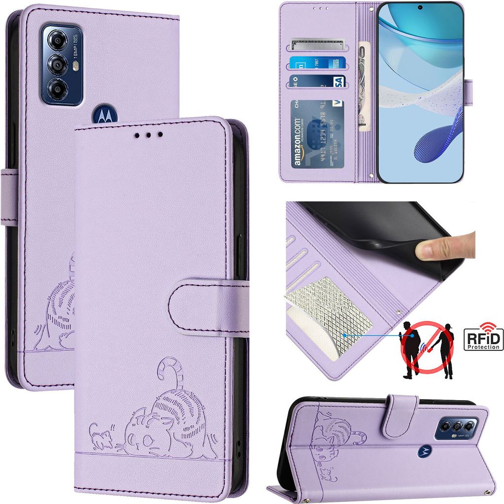 Leder Hülle für Motorola G Pure/Moto G Play (2023) Süße Katze Flip Case Brieftasche Schutzhülle mit Standfunktion Lila