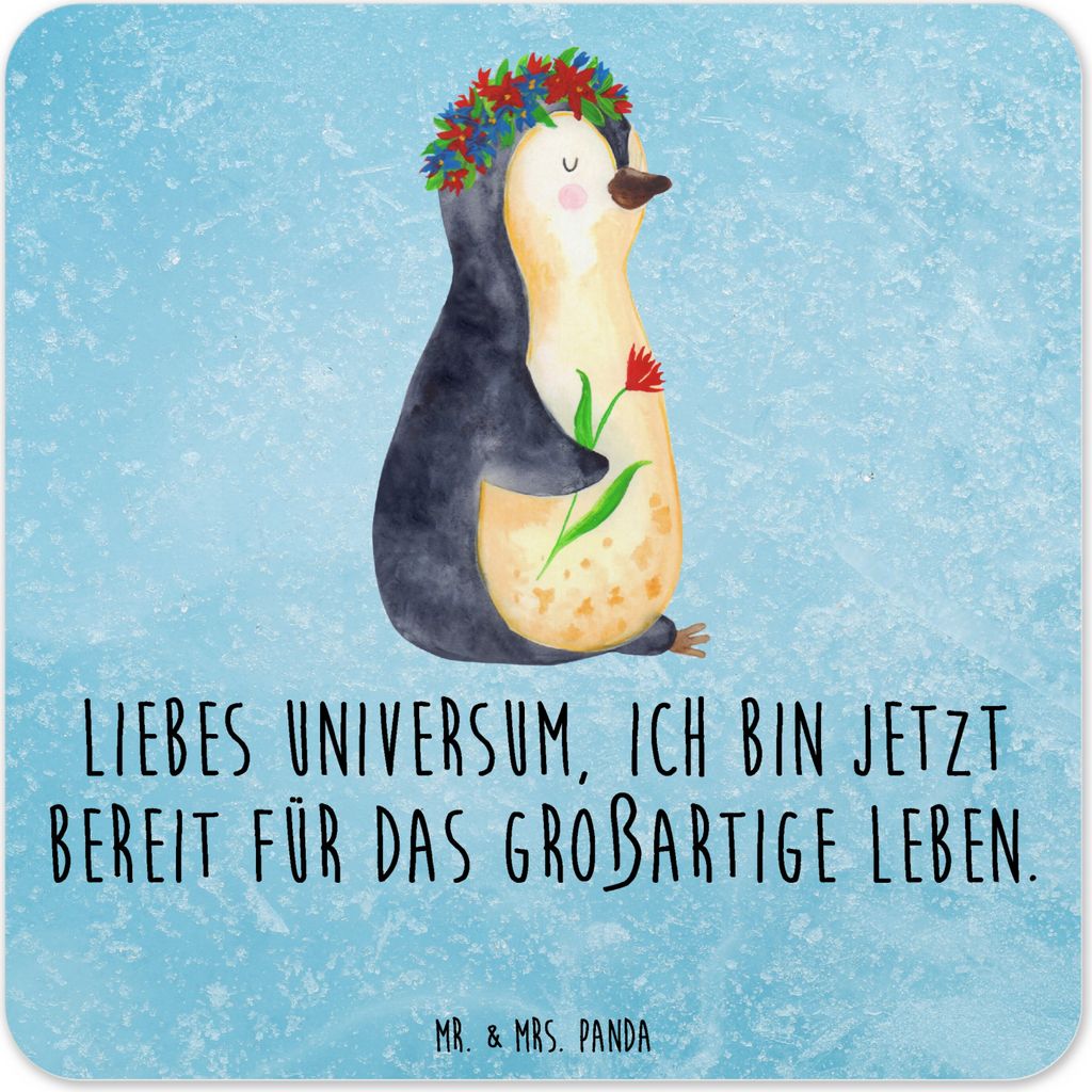 Mr. & Mrs. Panda Untersetzer für Gläser Pinguin Blumen 10er Set - Eisblau - Geschenk, Wünsche, Universum, Ziele, Kunststoff, Getränkeuntersetze...