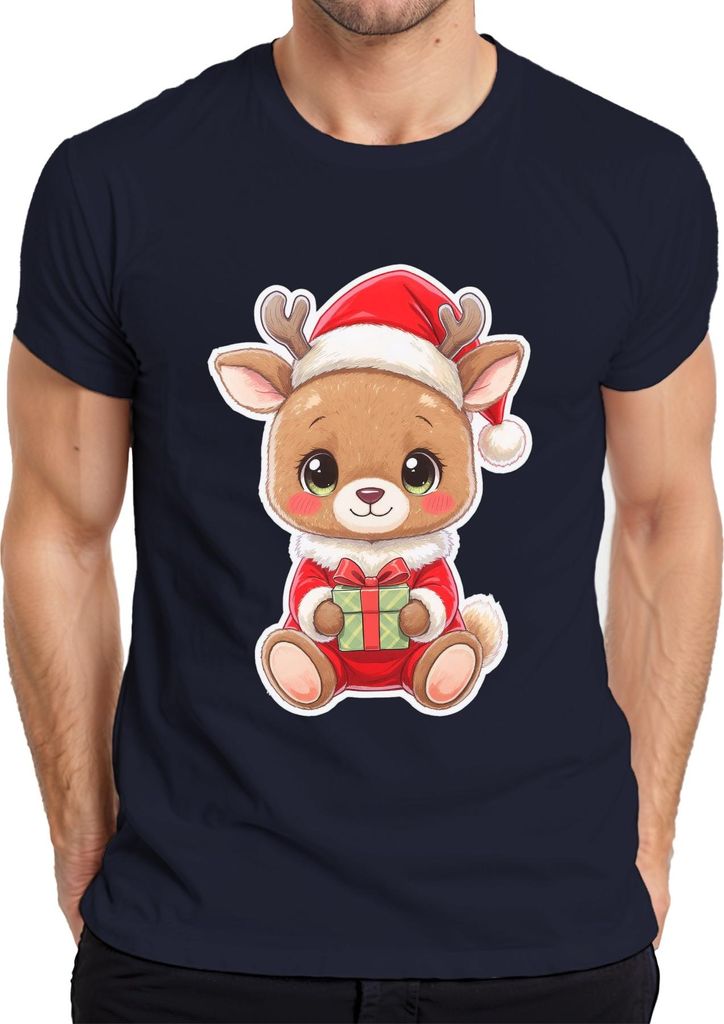 Süßes Rentier Weihnachten Geschenk Kinder Kawaii Niedlich Cartoon Herren T-Shirt, Navy, XXL