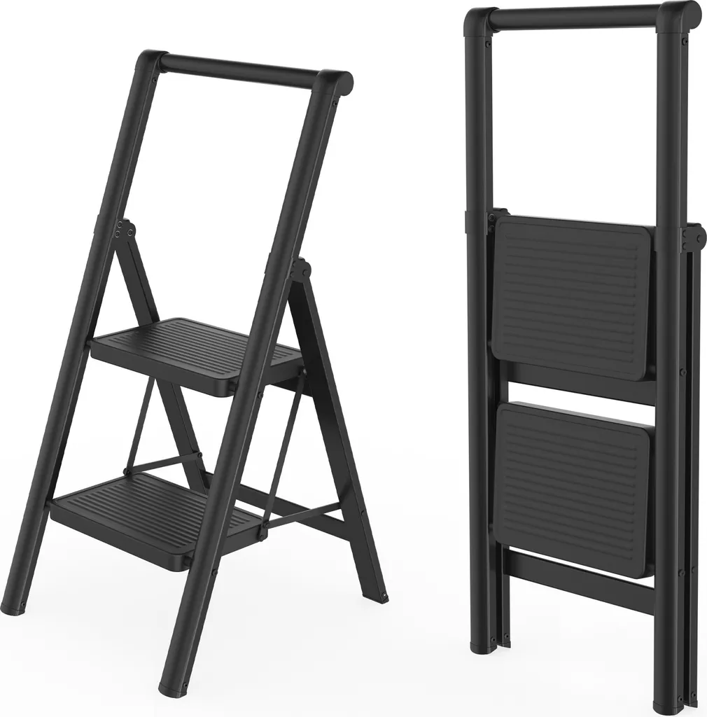 Escabeau Sécurisé anti-chute 2 Marches - Stable et Pliant avec Appui-Main