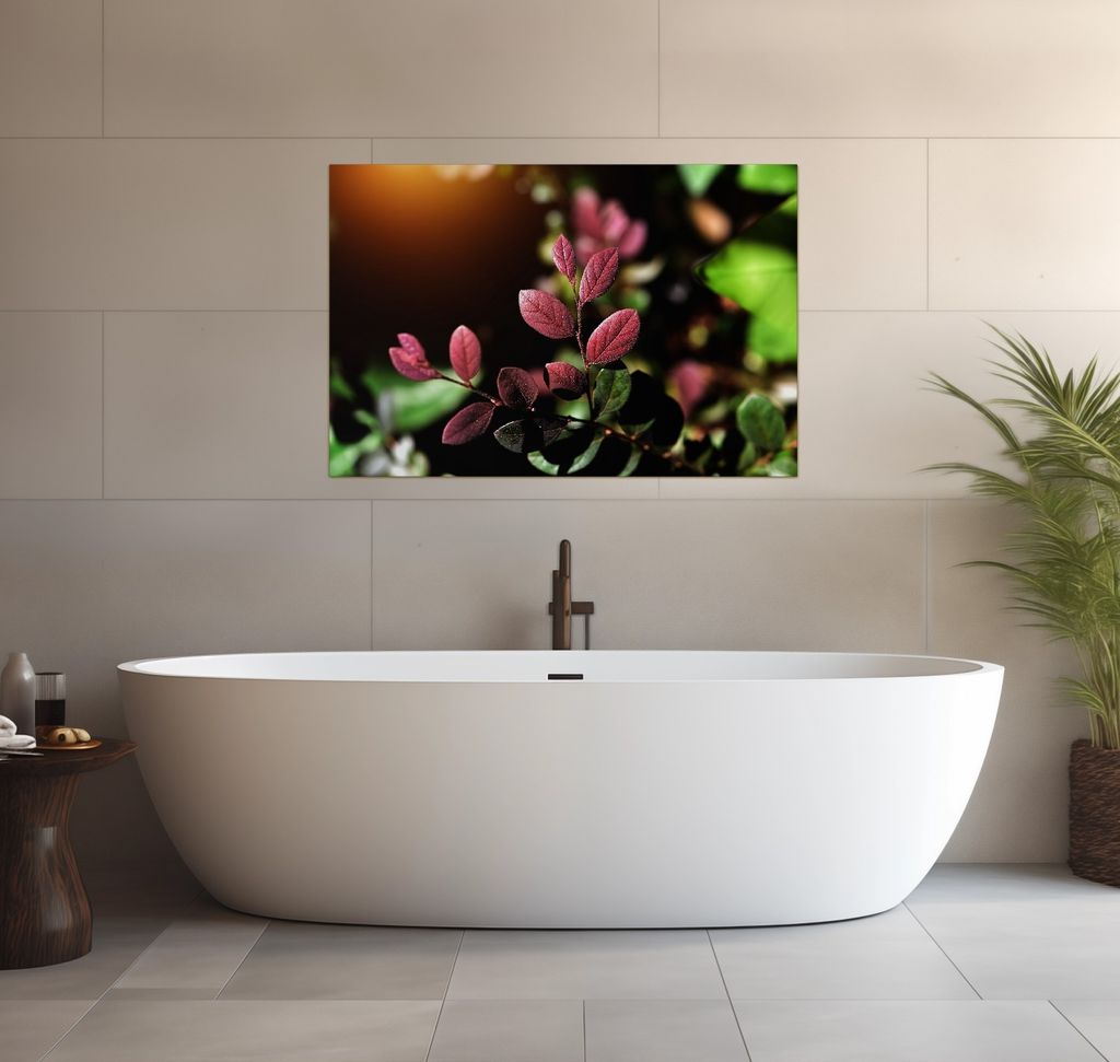 Wallario wasserfestes Poster selbstklebend 91,50 x 61 cm, Rote und grüne Blätter an einem Zweig, Badezimmerposter Spritzschutz mit Hochglanzoberf...