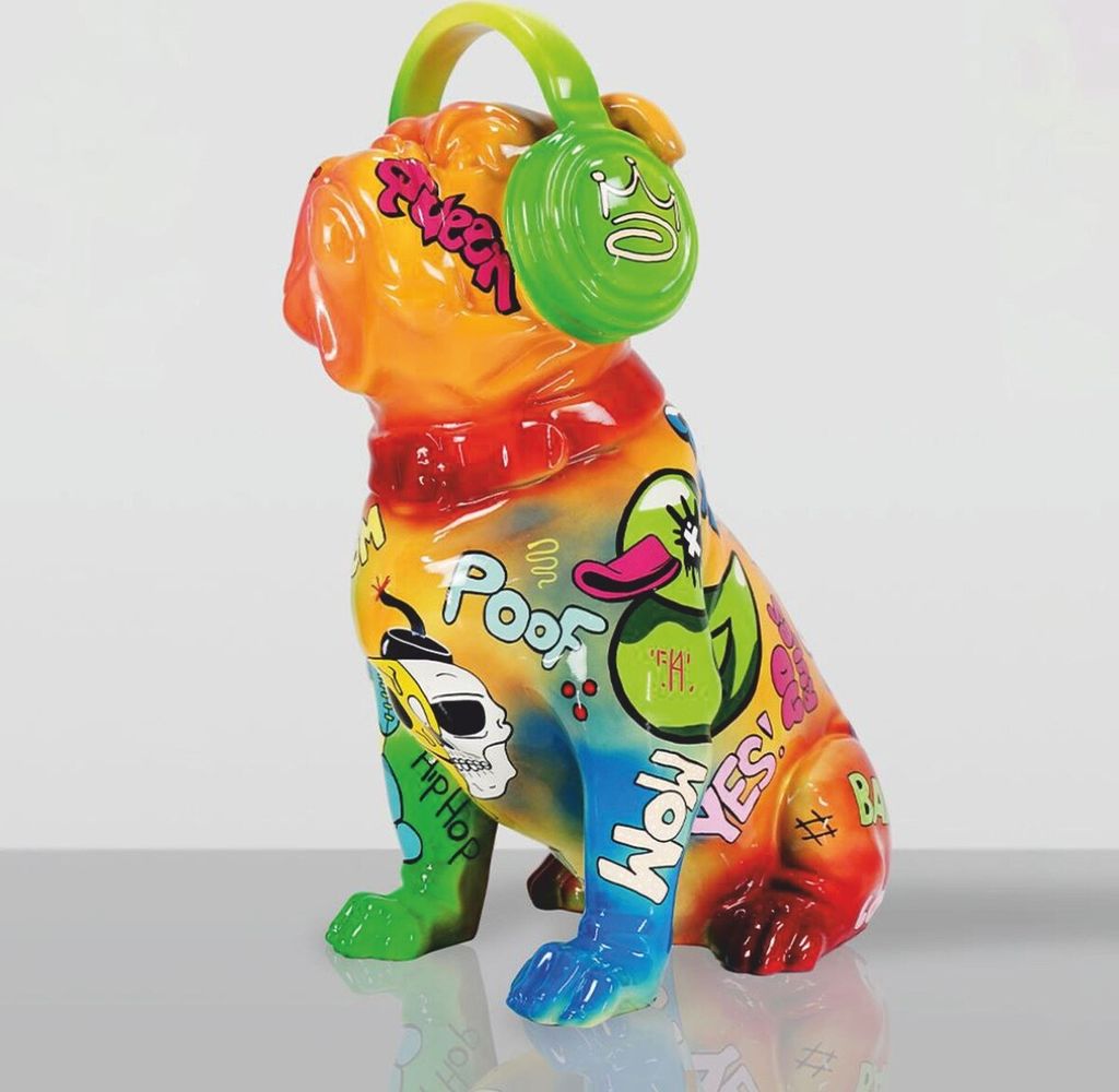 Casa Padrino Deko Skulptur Hund Bulldogge mit Kopfhörern Bunt H. 120 cm