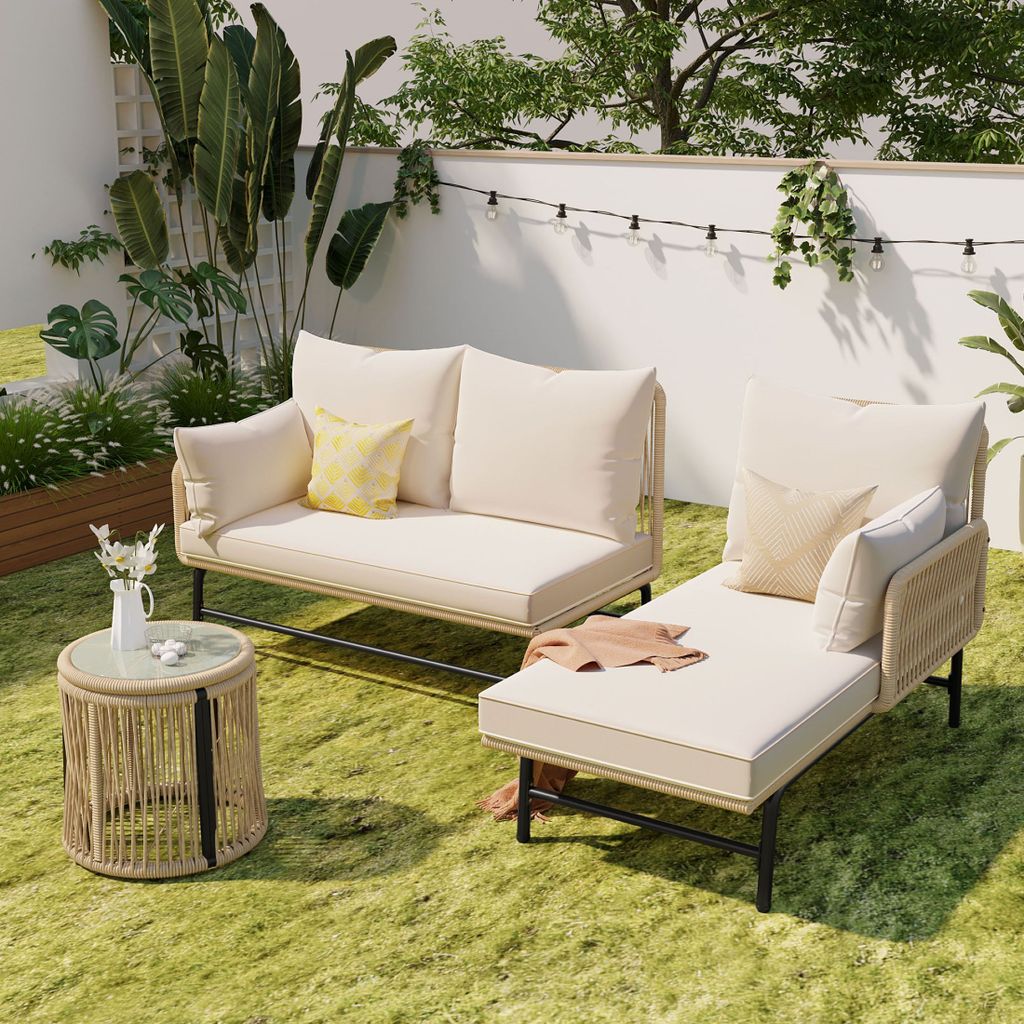 Gartenlounge-Set Wetterfest für 4 Personen Handgeflochtenen Seilbezügen Ecksofa Balkonmöbel mit wasserdichtem L-förmiges Gartenmöbel-Set mit T...