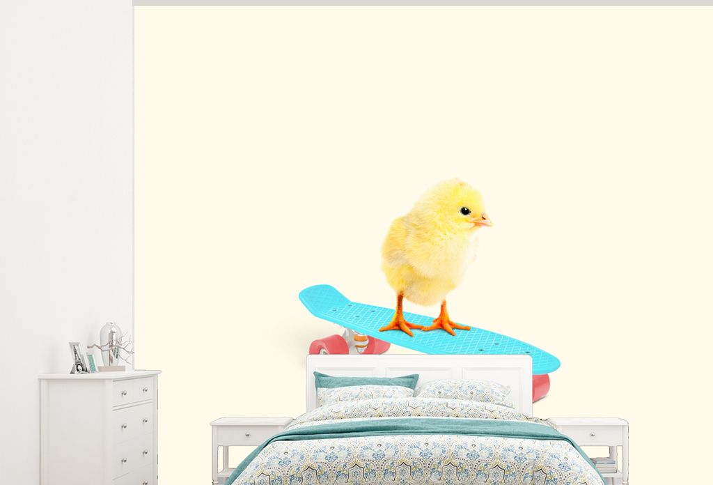 MuchoWow Fototapete für Wohnzimmer oder Schlafzimmer Wandtapete Vinyl Motivtapete Küken - Gelb - Skateboard - Blau - Tiere - 375x300 cm - Tapez...
