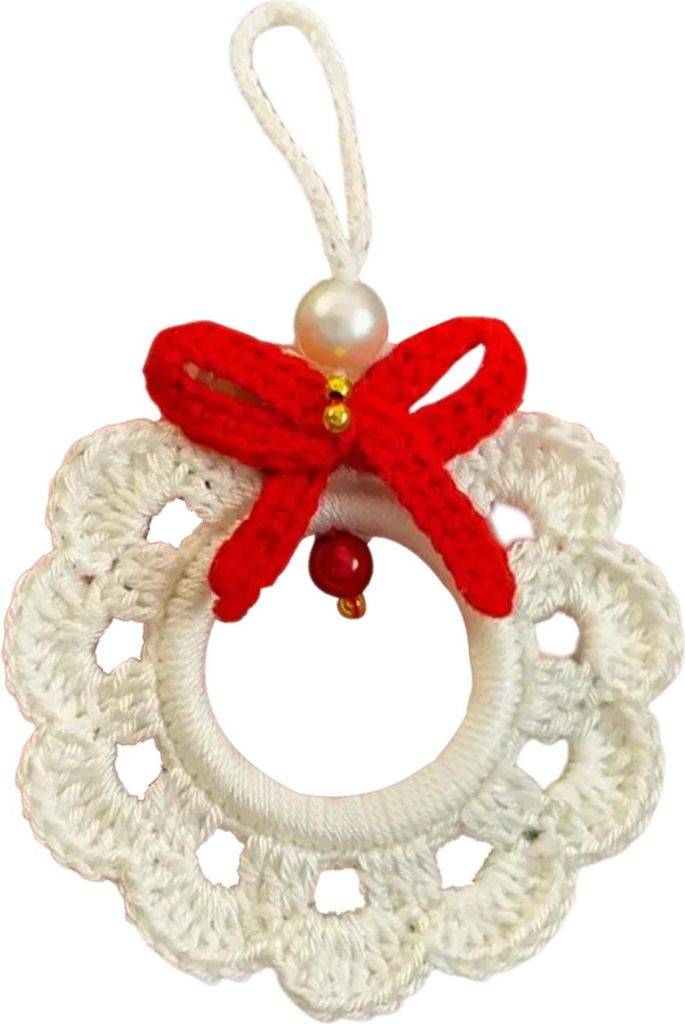 Gehäkelter Weihnachtskranz, kleiner handgefertigter Strickkranz mit Schleife zum Aufhängen als Weihnachtsbaumschmuck
