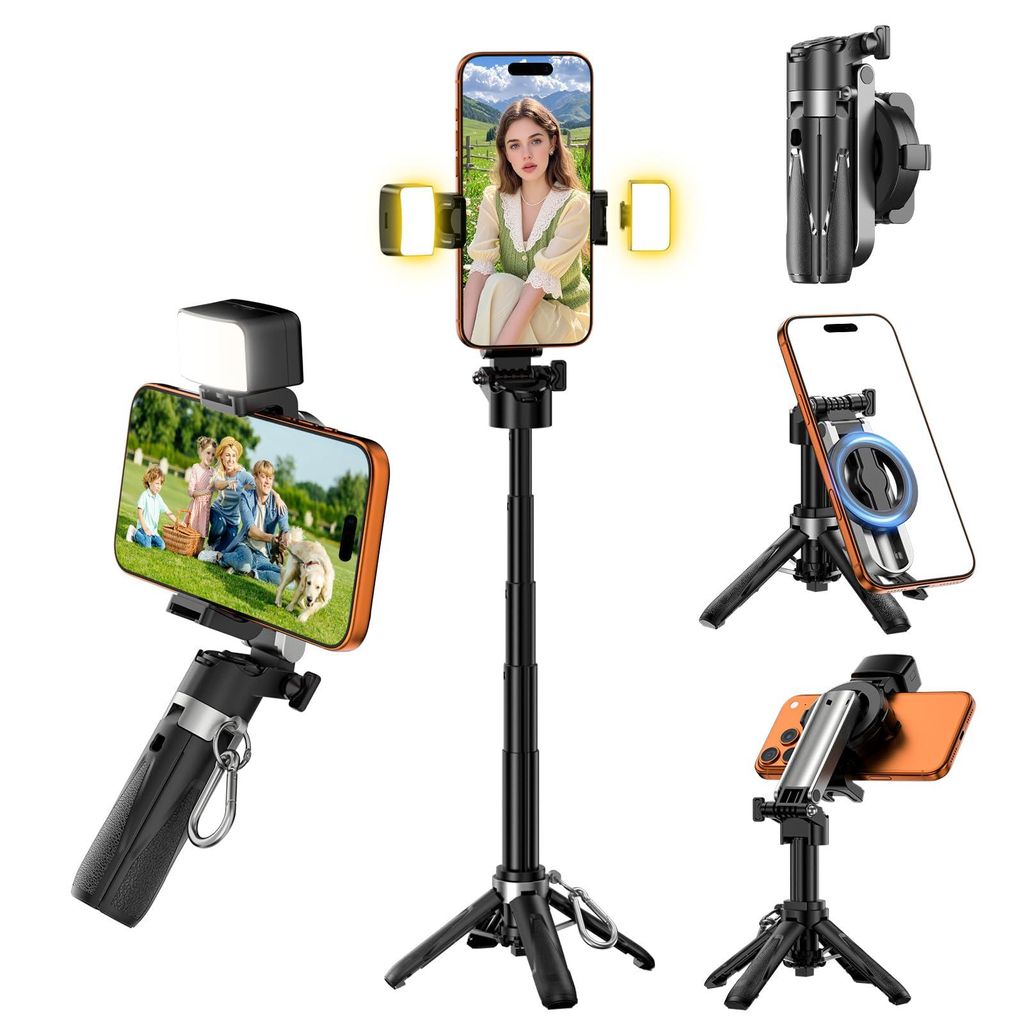 4-in-1 Mini Selfie Stick Stativ mit 2 Fülllichtern & Bluetooth-Fernbedienung, 360° drehbar, magnetisch, für iPhone Samsung Android, Reise Vlog