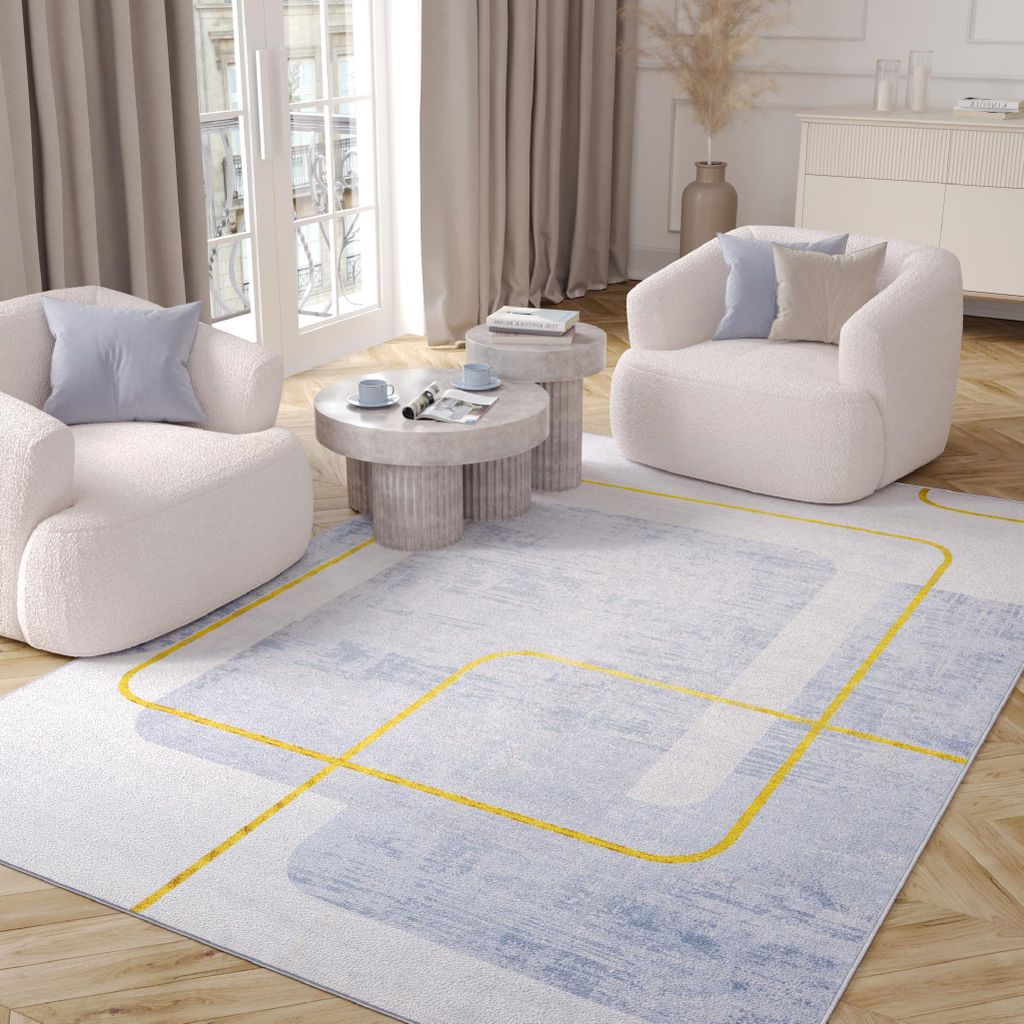 Teppich Wohnzimmer Schlafzimmer Beige Blau Gelb Modern 160 x 230 cm