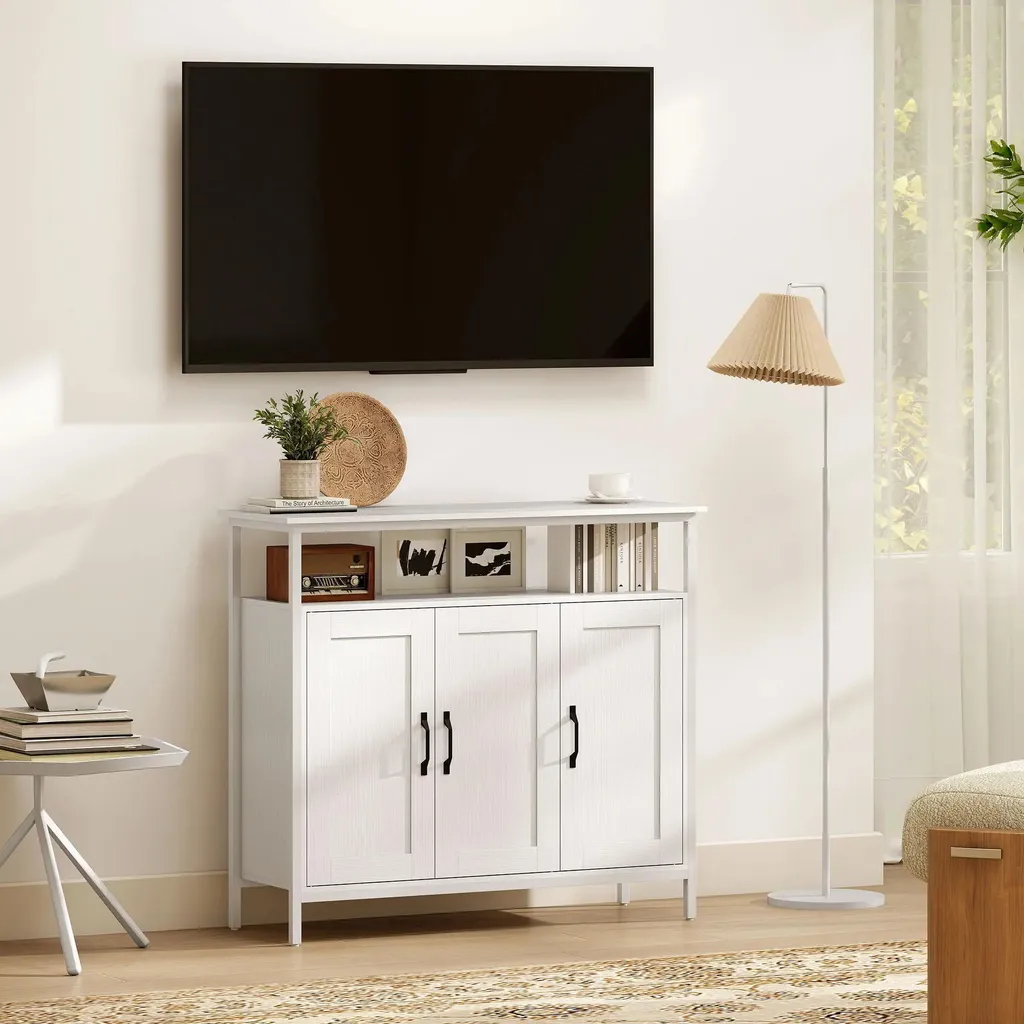 Buffet Blanc 100cm à 3 Portes et Compartiment Ouvert Style Moderne - 9