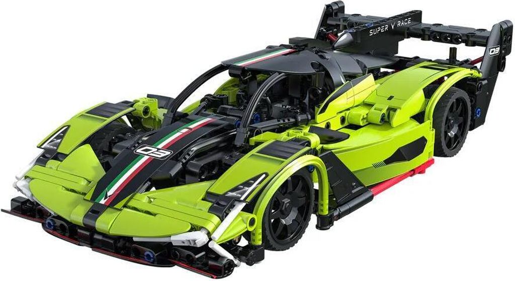 A lime green and black Lego Technic style sportscar with racing stripes.