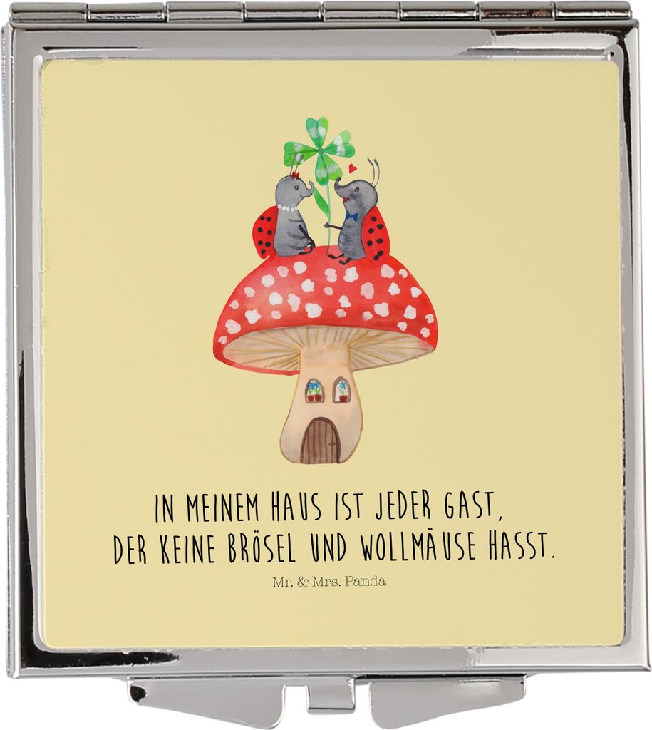 Mr. & Mrs. Panda Kleiner Spiegel Marienkäfer Fliegenpilz - Gelb Pastell - Geschenk, Mini, Kosmetikspiegel, Haus, Schminkspiegel, klappbar, Lustige...