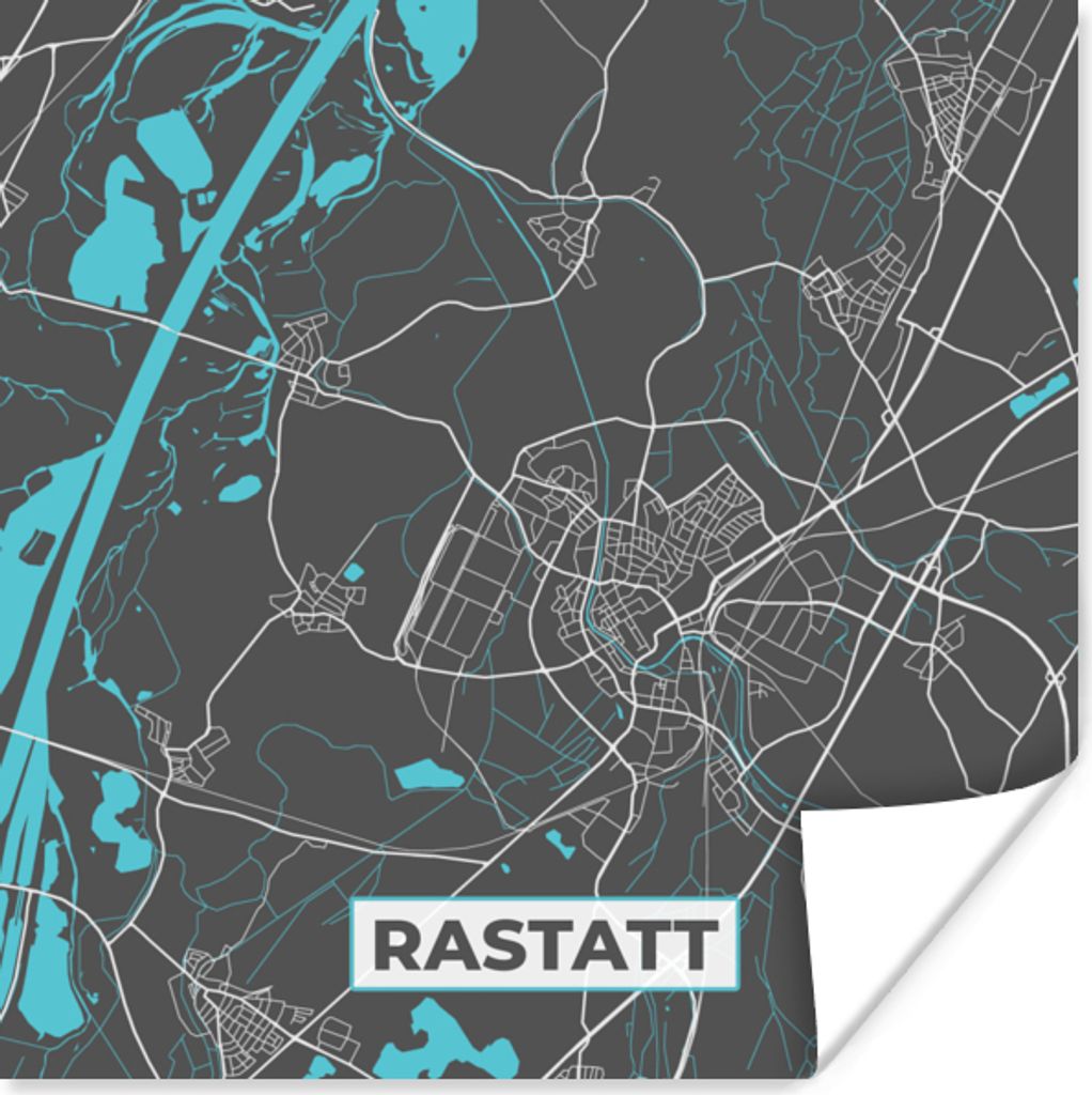 MuchoWow Poster Stadtplan - Deutschland - Blau - Rastatt - Karte 100x100 cm - Babyzimmer