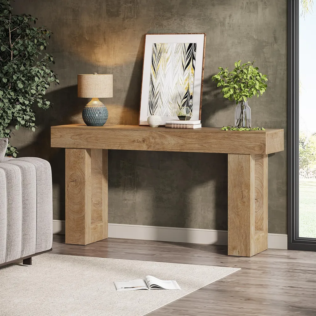 Table de Canapé 160 cm pour Salon, Console Déco Rectangulaire Bois Clair - 8