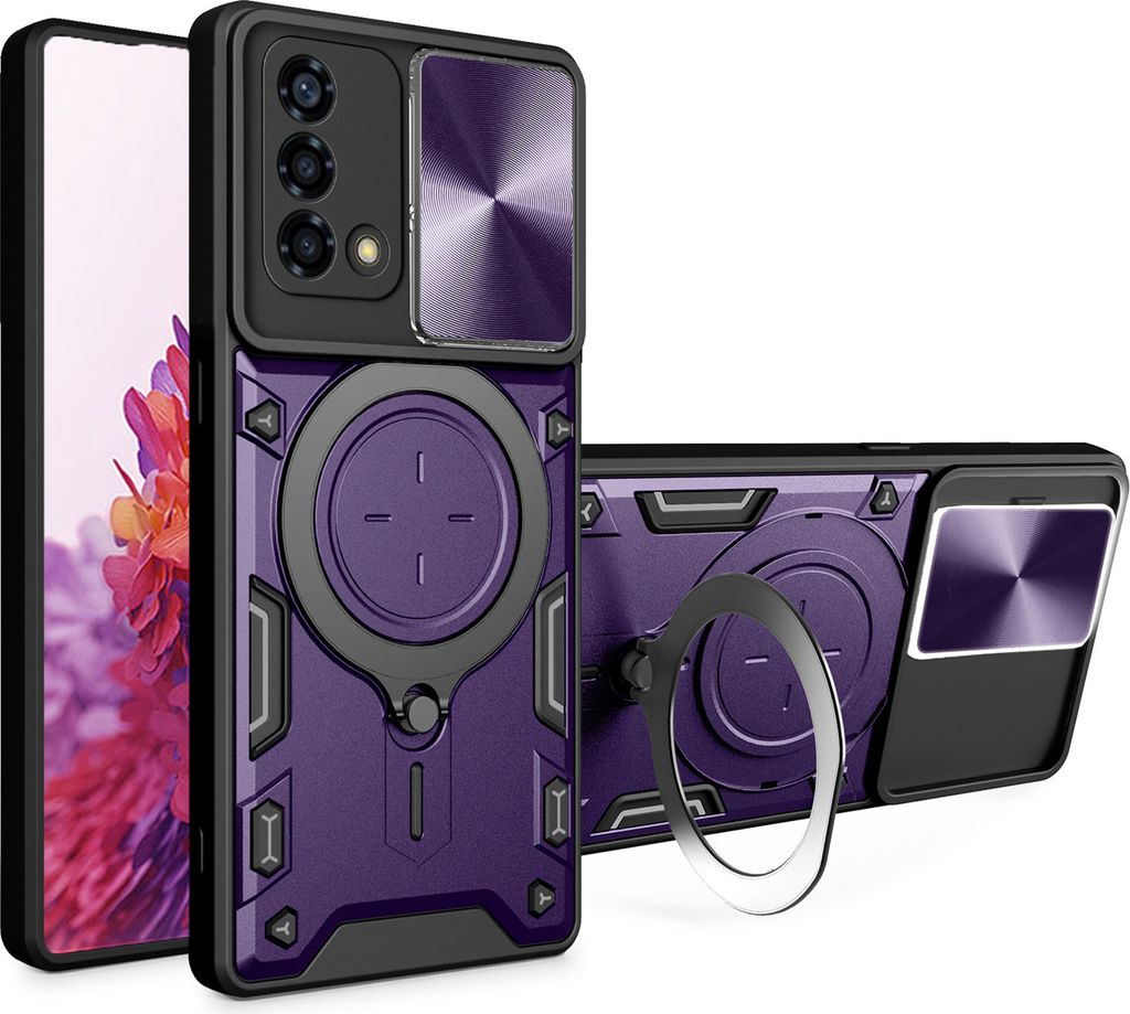 Handyhülle für Oppo A74 4G Dual-Layer Stoßfest Rüstung Hülle mit Dia Kameraschutz und Kreisförmig Ring Ständer Lila