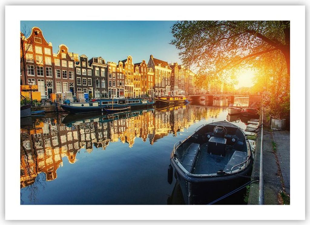 Poster - Poster ohne Rahmen - Kanal Boot Amsterdam Wasser - 70x50 cm - Wand Bild - Wanddeko - Wandbilder - Kunstposter - Wandposter - Bilder - Kuns...