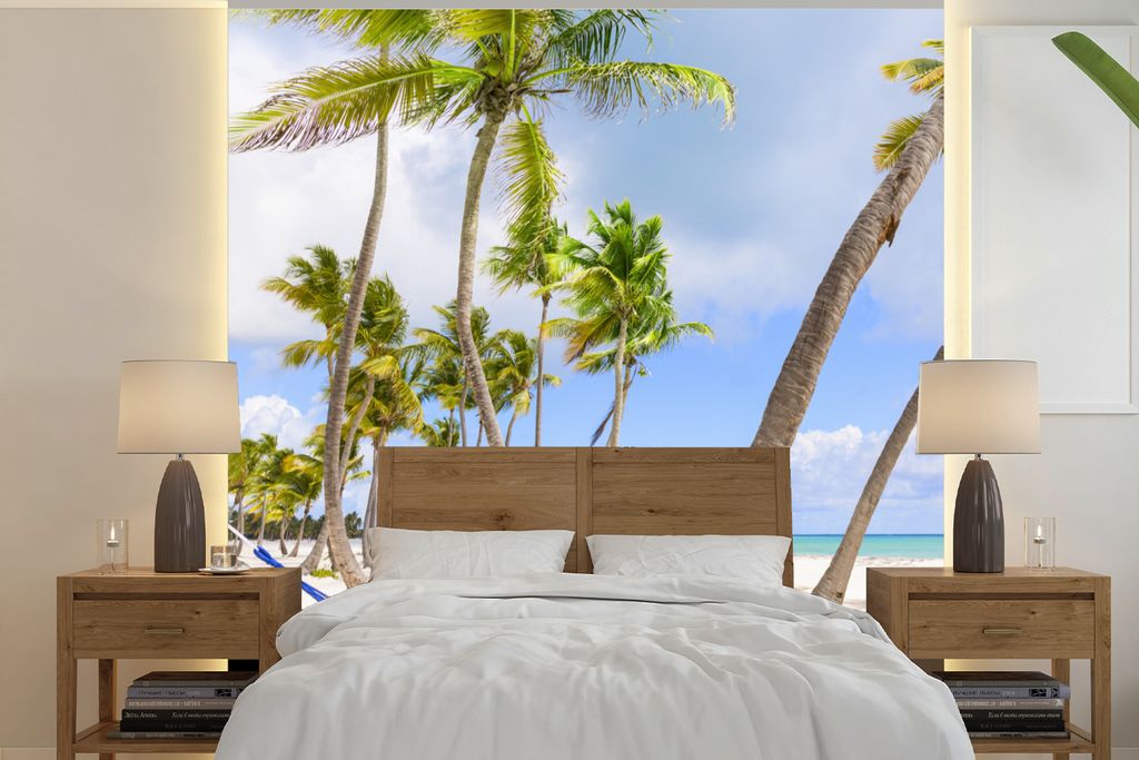 MuchoWow Fototapete für Wohnzimmer oder Schlafzimmer Wandtapete Vinyl Motivtapete Blaue Hängematte am Strand in der Dominikanischen Republik - ...
