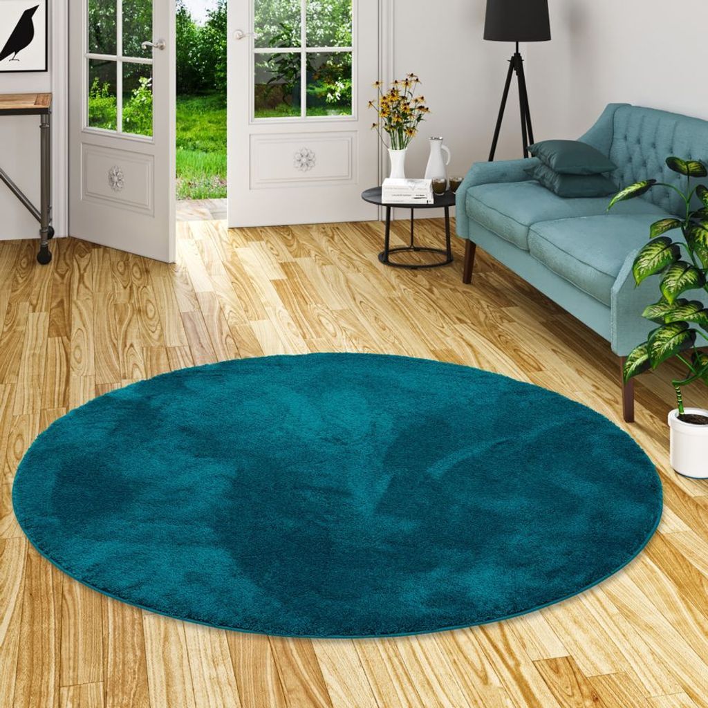 Luxus Super Soft Hochflor Langflor Teppich Silky Petrol Rund, Größe:200 cm Rund