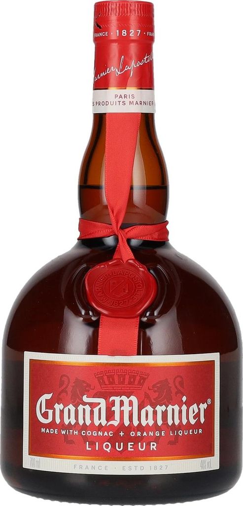 A bottle of Grand Marnier liqueur on a white background.