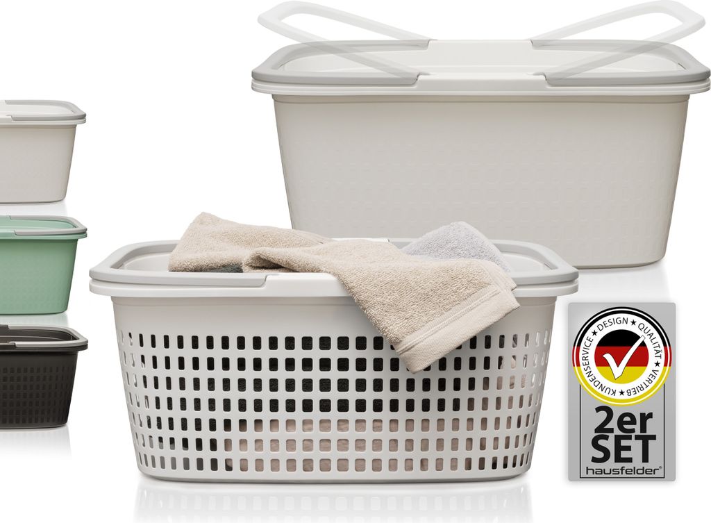 A collection of laundry baskets and tubs, some filled with towels, against a white background.