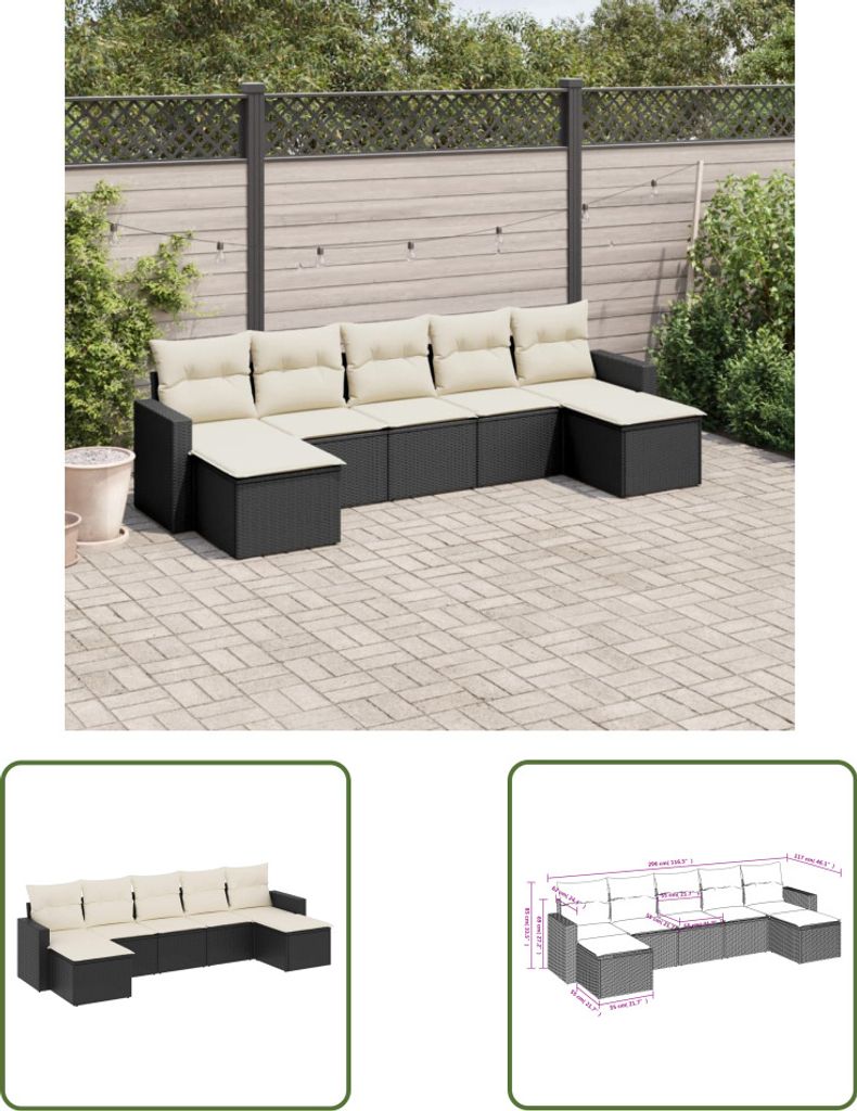 The Living Store 7-tlg. Garten-Sofagarnitur mit Kissen Schwarz Poly Rattan