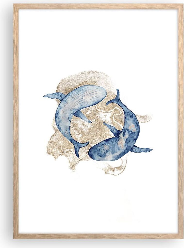 Gerahmtes Poster - Rahmen in heller Eiche - Wal Aquarell Gold - 50x70 cm - Wand Bild - Wanddeko - Wandbilder - Wandposter - Bilderrahmen - Bilder -...