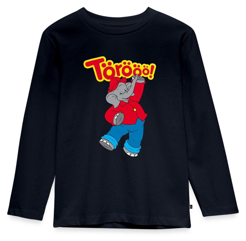 Spreadshirt Benjamin Blümchen Tanzend Törööö Kinder Premium Langarmshirt, 134/140 (8 Jahre), Navy