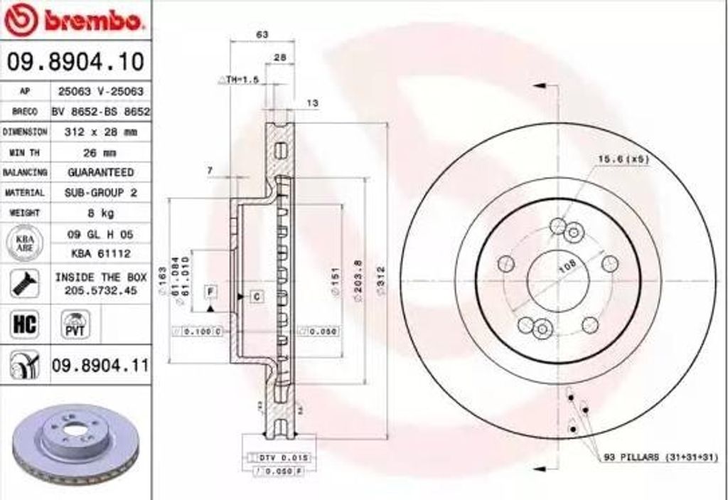 BREMBO 09.8904.11 Bremsscheibe OE 7701208130 kompatibel mit Megane, Clio