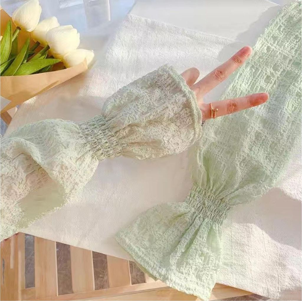 Eisseide-Armbedeckung, Sonnenschutz, plissiert, Puff-Blasenärmel, Damen-Sommer-Accessoires, Grün