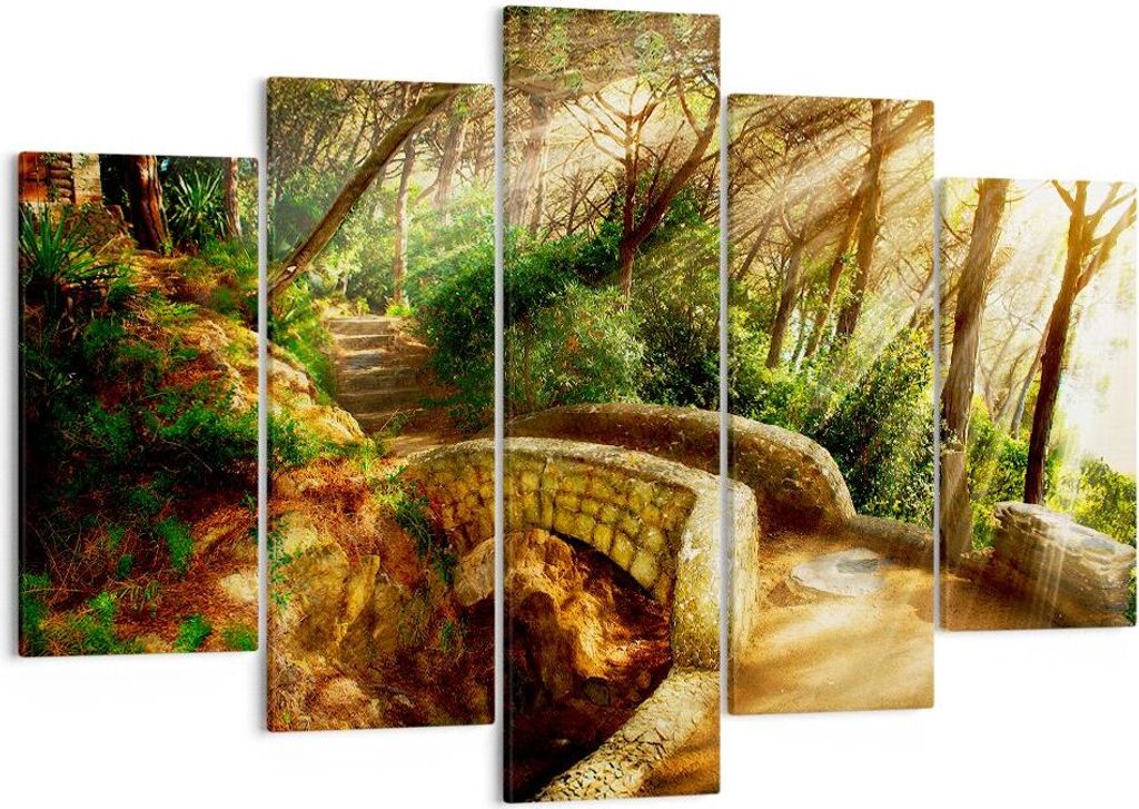 Bild auf Leinwand - Leinwandbild - Pfad Steinbrücke Wald Herbst - 150x100cm - Wand Bild - Wanddeko - Leinwanddruck - Bilder - Kunstdruck - Wanddek...