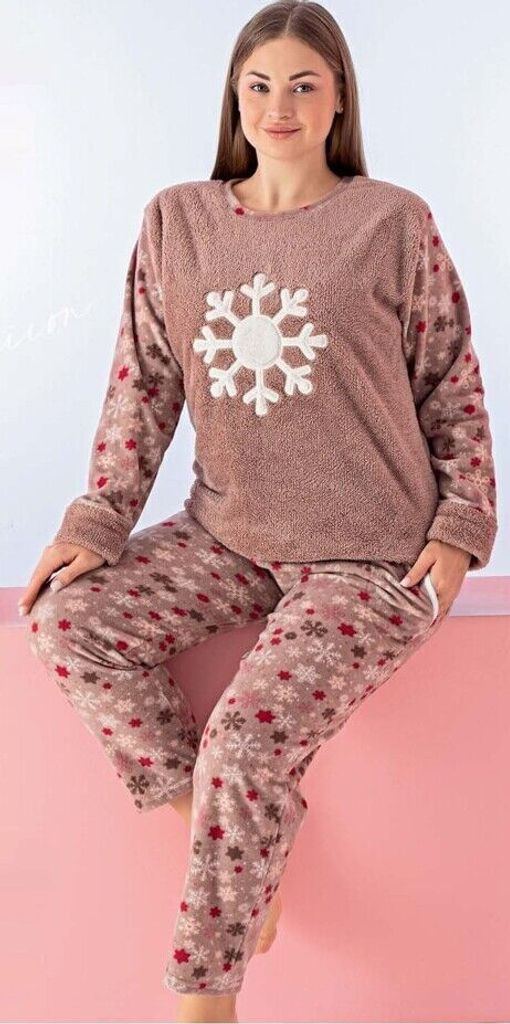 Damen Große Größen Pyjama POLAR Braun 4XL Schlafanzug 2-Teiler Set Lang Warm A-07