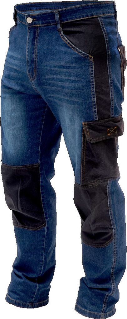 A pair of work jeans with denim and black fabric panels.